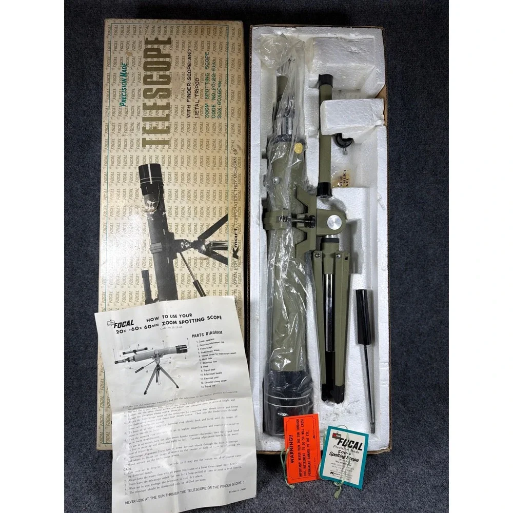 Vintage Focal 20x-60x 60mm Zoom Spotting Scope Telescope Tripod Japan 20-20-61
